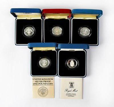 Lot 615 - Five silver proof £1 coins, 1983, 1984, 1985,...