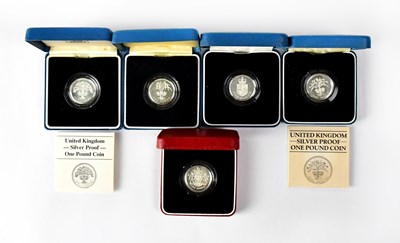 Lot 617 - Five silver proof £1 coins, 1983, 1984, 1985,...