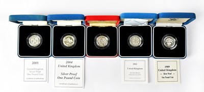 Lot 618 - Five silver proof £1 coins, 1989, 2000, 2001,...