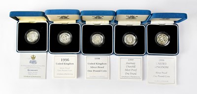 Lot 619 - Five silver proof £1 coins, 1996, 1997, 1998,...