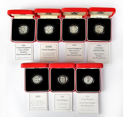 Lot 656 - Seven silver proof Piedfort £1 coins, 1994, 96,...