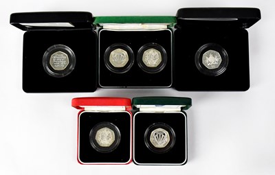 Lot 624 - Six silver proof commemorative 50p coins,...