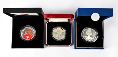 Lot 638 - Three silver proof commemorative £5 coins,...