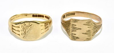 Lot 1201 - Two 9ct yellow gold signet rings, sizes S and...
