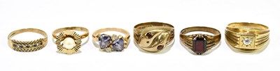 Lot 1138 - Six 9ct yellow gold dress rings, various sizes,...