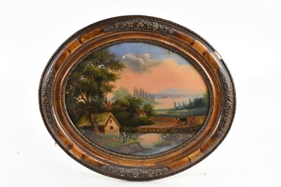 Lot 853 - An early 20th century oil on glass, rural...