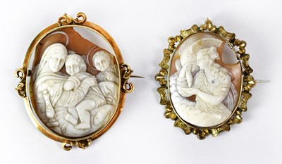 Lot 776 - Two yellow metal cameo brooches, one depicting...