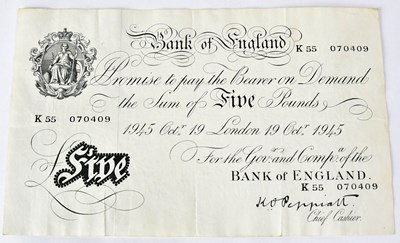 Lot 531 - BANK OF ENGLAND; a £5 note (white fiver),...