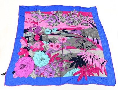 Lot 784 - BALENCIAGA; a 100% silk pink, navy blue and...