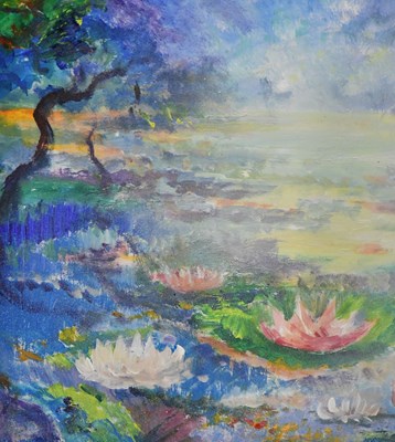 Lot 899 - JAMES SIMPSON; acrylic on board, 'In Monet's...