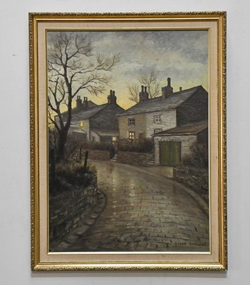 Lot 900 - BRIAN BARLOW; oil on board, northern road with...