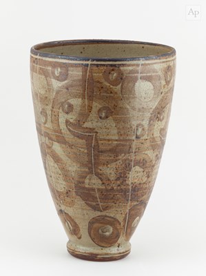 Lot 546 - REGINALD MARLOW; a tall stoneware vase covered...