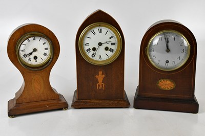 Lot 1241 - Three Edwardian inlaid mahogany mantel clocks...