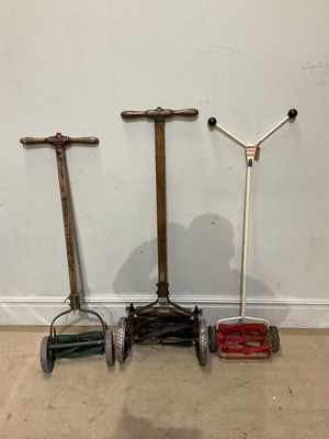 Lot 411 - Three vintage push lawn mowers, including a...