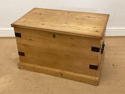 Lot 493 - A pine blanket box with metal handles, hinges...