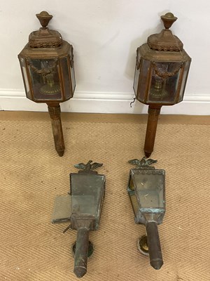 Lot 354 - Two pairs of 19th century metal coaching lamps,...