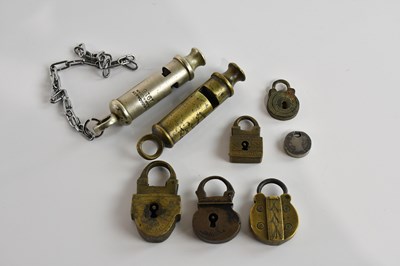 Lot 593 - Six antique padlocks including an example...