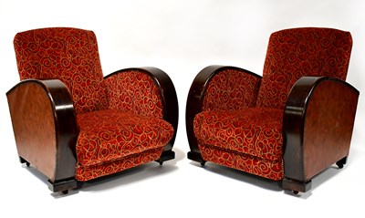 Lot Two Art Deco armchairs with curved wooden arms...