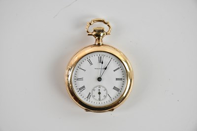 Lot 679 - WALTHAM; a gold plated pocket watch, the...