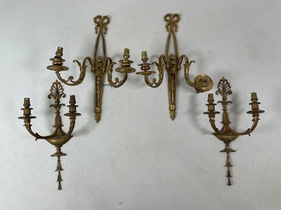 Lot 363 - Two pairs of gilt metal twin branch wall...