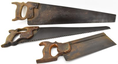 Lot 354 - Three wooden handled woodworking saws, length...