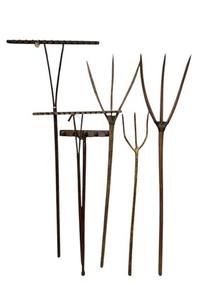 Lot 379 - Three Victorian style vintage hay forks and...