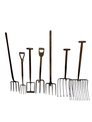 Lot 378 - A collection of vintage garden forks and tools,...