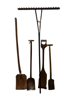 Lot 432 - Four vintage treen malt shovels and a vintage...