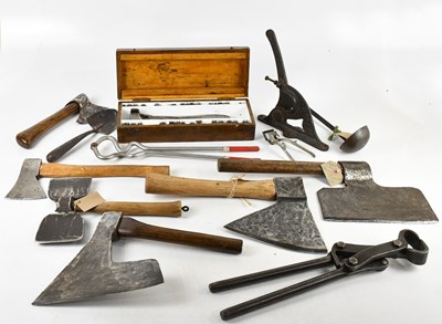 Lot 423 - A collection of vintage axes including a brick...