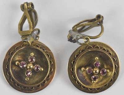 Lot 1422 - A pair of yellow metal circular amethyst set...