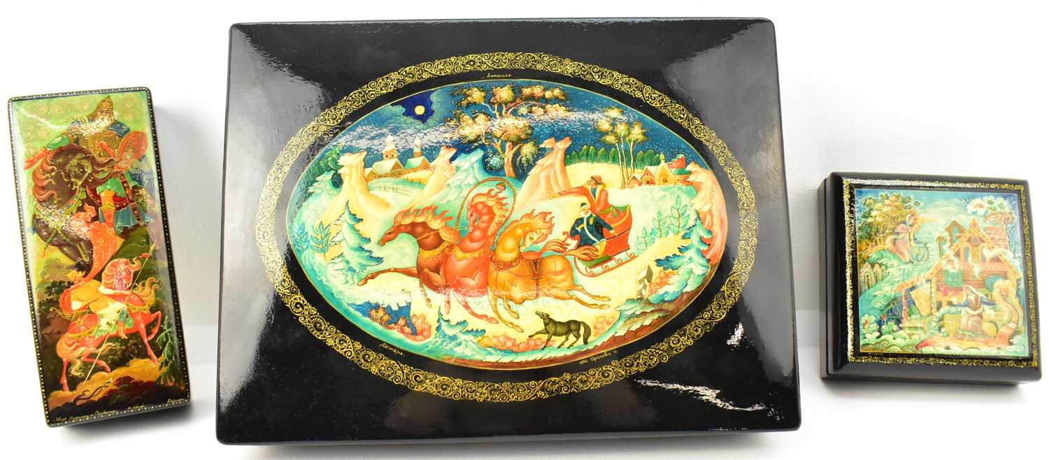 Lot 364 - Three vintage Russian black lacquered boxes...