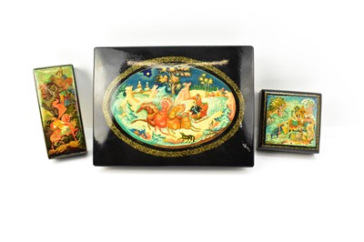 Lot 364 - Three vintage Russian black lacquered boxes...