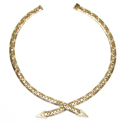 Lot 1329 - A 9ct three tone gold flat link necklace,...