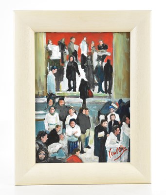 Lot 125 - DAVID COULTER; oil on board, 'Evacuated',...