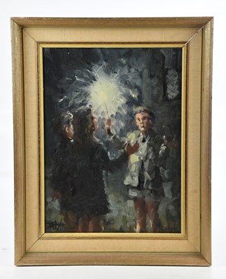 Lot 113 - D HYDE; oil on canvas, children with sparkler,...