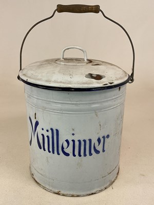 Lot 211 - A German enamelled pail with wooden grip to...