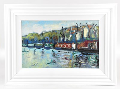 Lot 159 - ANDRE BILLET; oil on card, canal scene, signed,...