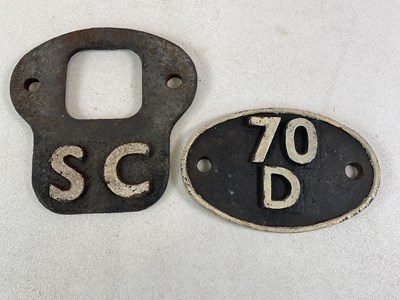 Lot 80 - Two railway shed plates, one marked SC, the...