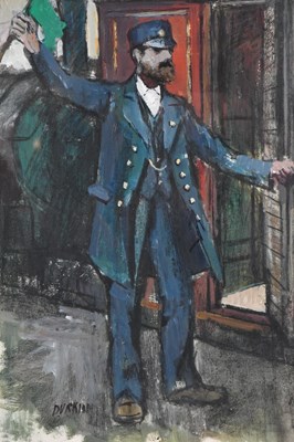 Lot 531 - TOM DURKIN (1928-1990): oil, train conductor,...