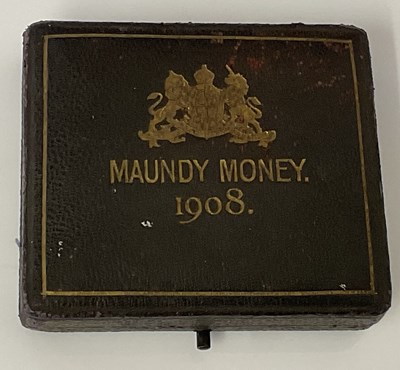 Lot 1428 - A cased set of 1908 Maundy Money, with one...