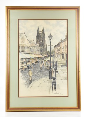 Lot 94 - COLIN WARDEN; watercolour, 'Stockport Market',...