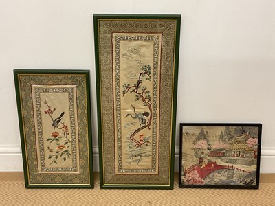 Lot 381 - Two Chinese framed silks, both depicting...