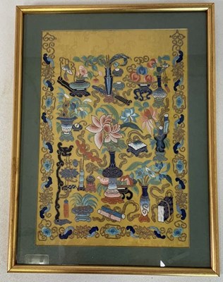 Lot 384 - A Chinese embroidered panel, decorated with...