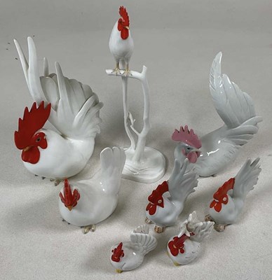 Lot 259 - NORITAKE; three chicken ornaments, tallest 36...