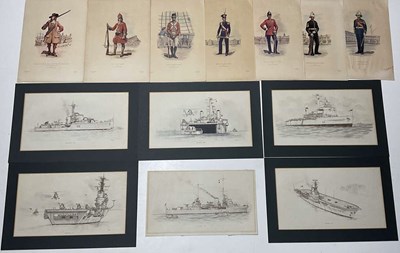 Lot 90 - M R FIELDS; six pen and ink drawings of naval...