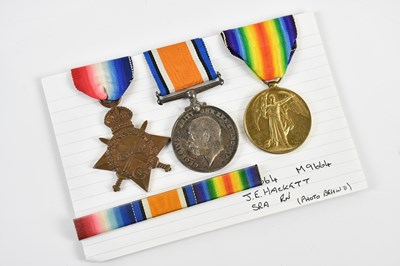 Lot 206 - A WWI medal trio, awarded to 9664 J E Hackett...