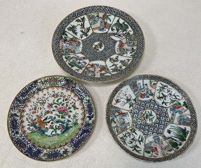 Lot 373 - Three 19th century Chinese hand painted plates,...