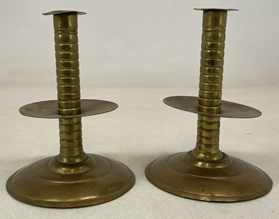 Lot 247 - F W HALL, NORWICH; a pair of brass Arts and...