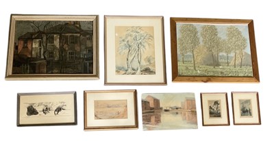 Lot 241 - Eight modern pictures including a pen and ink...