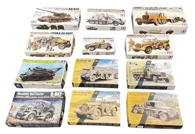 Lot 502 - TAMIYA; six 1:35 scale military vehicle model...